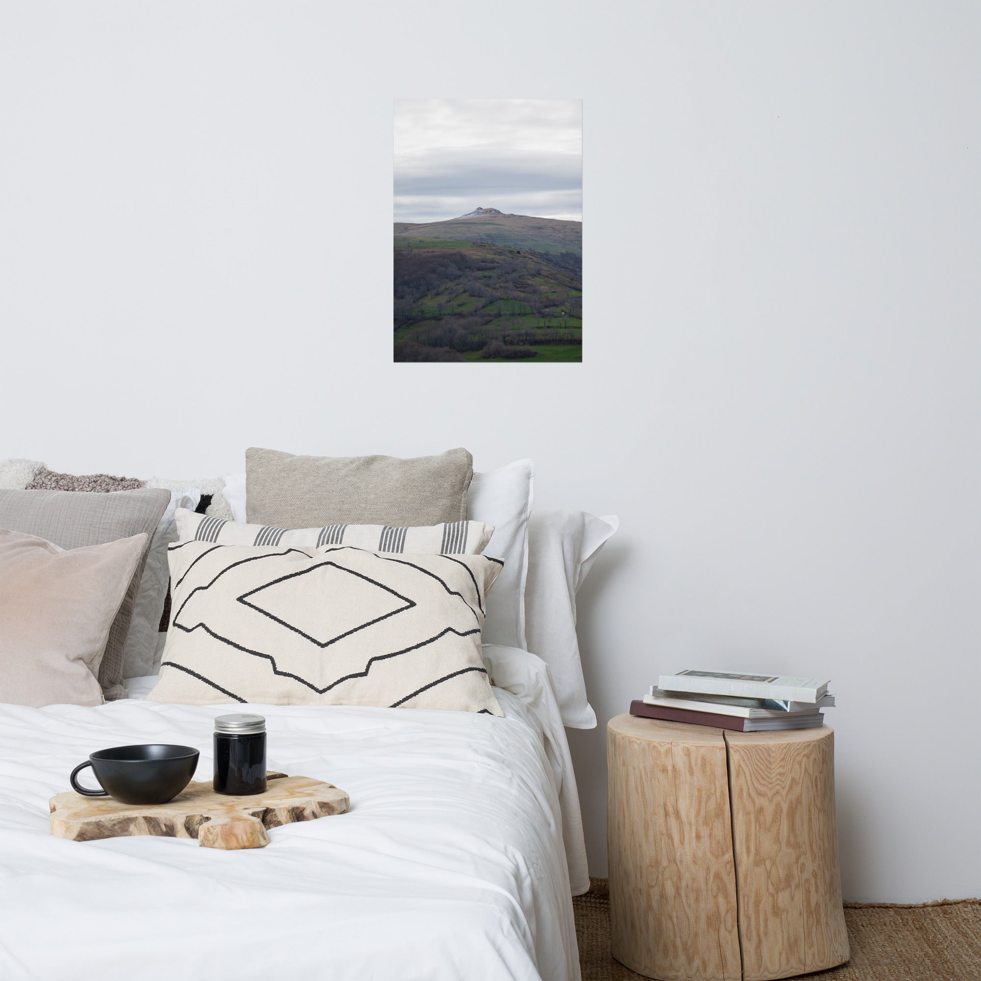 Paysage du Cantal : champs verdoyants en premier plan avec pic montagneux à l'arrière-plan.